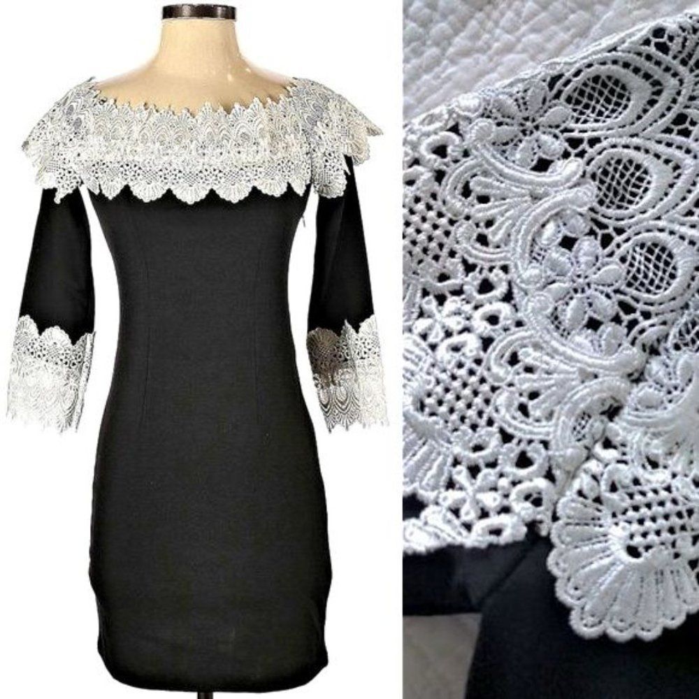 Cocktail Dress Party Off Shoulder Embroidered Lace Little Black Dress Medium